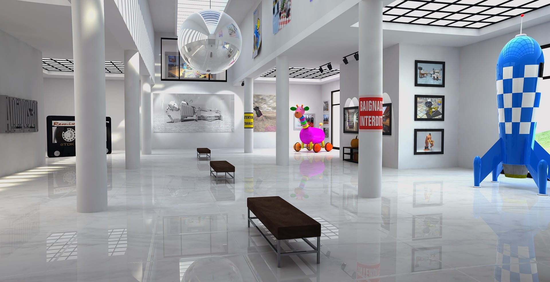 White exhibiton space, filled with colorful art pieces.